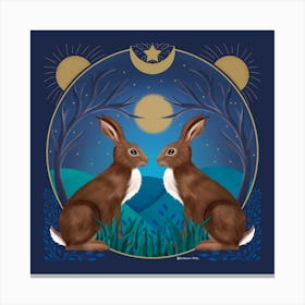 Moonlight Hares Square Canvas Print