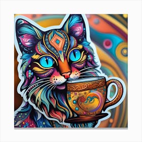 Cat With A Cup Of Coffee Whimsical Psychedelic Bohemian Enlightenment Print 1 Canvas Print