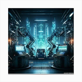 Cyber Industrial Landscape Featuring Advanced Automation Sleek Robotic Arms Performing Intricate Ta (7) Canvas Print