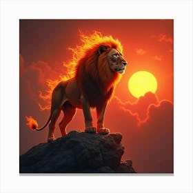 A Regal Lion With A Mane Made Of Flames, Standing On A Rocky Outcrop Under A Red Sunset Canvas Print