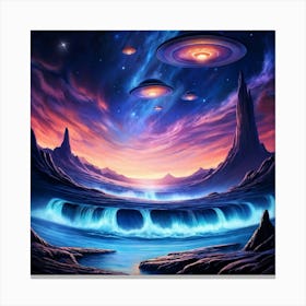 Surreal Hand Drawn Fantasy Floating Ufos Of Varied Designs Hover Above Undulating Dreamlike Waves Canvas Print