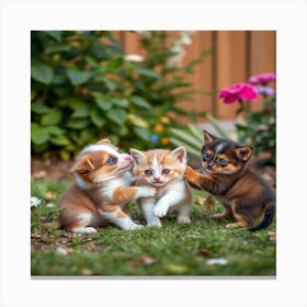 Puppies and kittens in beautiful green garden 1 Canvas Print