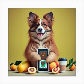 A Cute Animated Brown Dog Holding A Ipadiphone Canvas Print