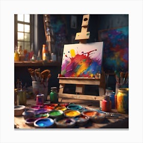 Artist's Easel, Paints and Brushes Canvas Print