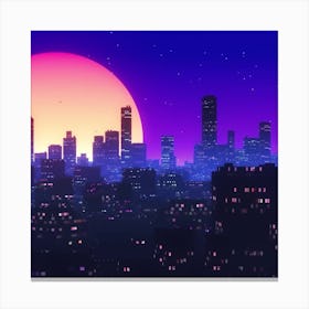 Cityscape At Night The Sun Night Music The City Background 80s, 80 S Synth Canvas Print
