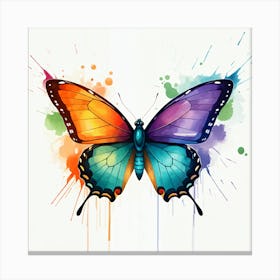 A Colorful Butterfly With Orange, Purple, And Teal Wings Surrounded By Watercolor Splashes Canvas Print