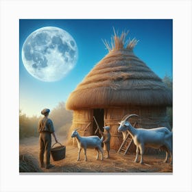 person and two goats are standing in front of a straw hut. The sky is blue, and there is a full moon. Canvas Print