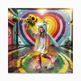 Happy Colorful Girl With Sunflowers and Rainbows Canvas Print