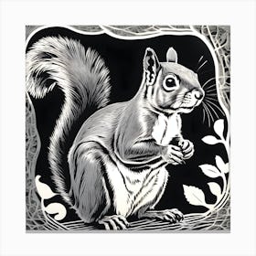 Squirrel In Black And White Linocut Canvas Print