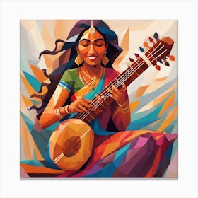 In An Oil Painting The Vibrant Essence Of A Joyous Indian Woman Playing The Sitar With Profound Enthusiasm Is Beautifully Depicted The Artwork Showcases The Woman In Meticulous Detail Exuding Pure 2 Canvas Print