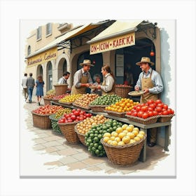 English Market Scene With Romanian Traditional Foods, Painted In Watercolor 1 Canvas Print