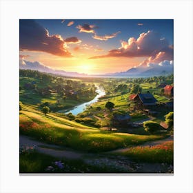 A Serene Village Landscape With Lush Green Fields And Colorful Houses Depicting The Picturesque Set(2) Canvas Print