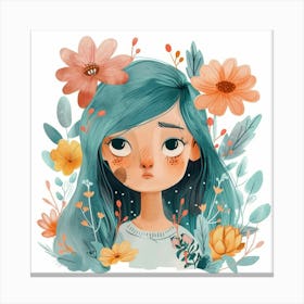 Girl With Blue Hair And Flowers Canvas Print