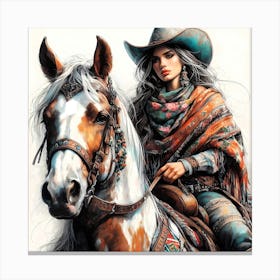 Cowgirl Beauty On A Checked Horse Color Drawing 1 Canvas Print