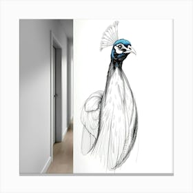 Intense Dramatic Lighting, Tight Close Up Hand Drawn Sketch Of A Peacock Hallway Wall Oil Canvas Painting, Stampe su tela