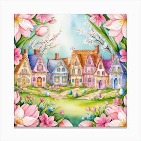 A detailed watercolor illustration in a classic style depicting a village in springtime, adorned with blooming trees and flowers Stampe su tela