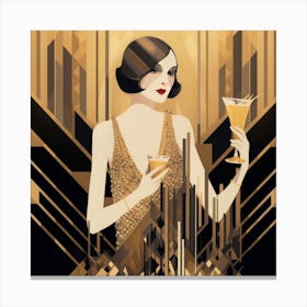 Art Deco inspired portrait of a flapper girl in a shimmering gold dress Canvas Print