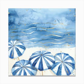 Blue Umbrellas On The Beach 6 Canvas Print