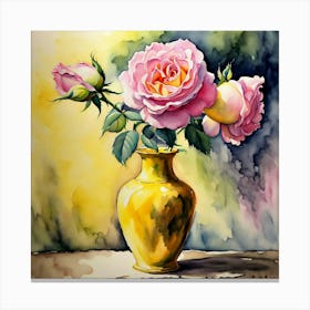 Pink Roses In A Yellow Vase Canvas Print