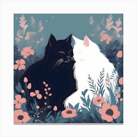 Silhouettes Of Cats Snuggled In The Garden, Black, White, Turquoise And Pink Canvas Print