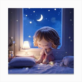 Chibi Character With Folded Hands And Closed Eyes Sitting Serenely At The Edge Of A Bed Embodying Canvas Print