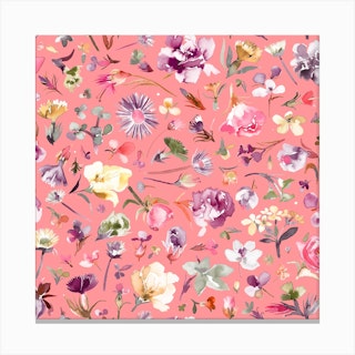 Flower Buds Coral Pink Square Canvas Print