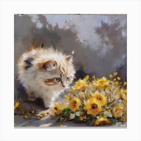 Cat With Yellow Flowers 1 Canvas Print