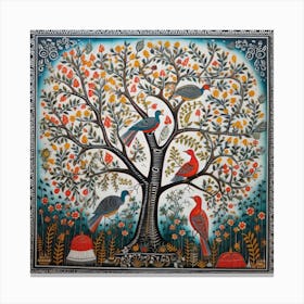 Birds In The Tree Madhubani Painting Indian Traditional Style Canvas Print