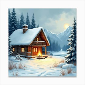 Cozy Winter Lodge In Watercolor, With A Roaring Fire And Snow Covered Landscape Canvas Print