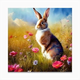 Rabbit And Flower Field 1 Canvas Print