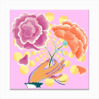 Orange And Purple Peony Flowers Held By Hand Square Canvas Print