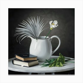 White Pitcher With Flowers And Books Canvas Print