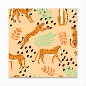 Tropical Cheetah Pattern On Beige With Florals And Decoration Square Canvas Print