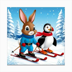 Rabbit And Penguin On Skis Canvas Print