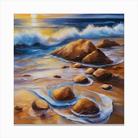 The sea. Beach waves. Beach sand and rocks. Sunset over the sea. Oil on canvas artwork.39 Canvas Print