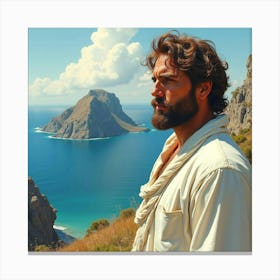 A Stunning Greek Man In Watercolor, With The Dramatic Landscape Of A Volcanic Island 1 Canvas Print