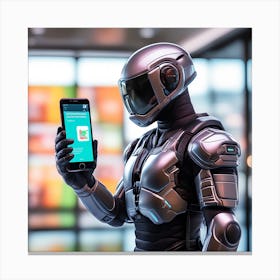 Robot Holding A Smartphone Canvas Print