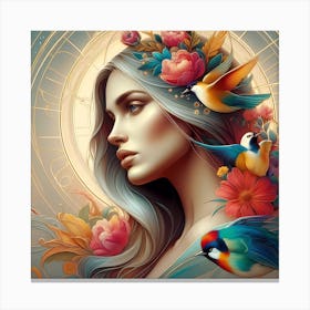 Beautiful Woman With Birds And Flowers Canvas Print