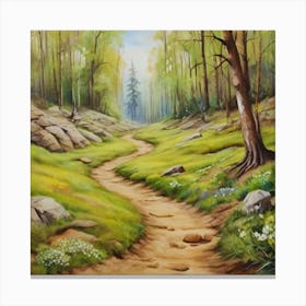 Path In The Woods.A dirt footpath in the forest. Spring season. Wild grasses on both ends of the path. Scattered rocks. Oil colors.14 Canvas Print
