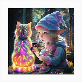 Cute Kawaii Gnome Girl Sitting And Painting Her Cats Back With Magic Brushstunning Masterpiece Canvas Print