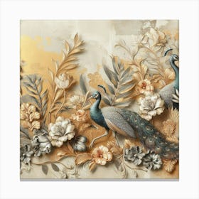 Peacocks And Flowers 6 Canvas Print