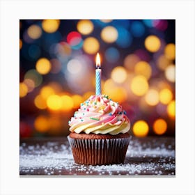 Birthday Celebration Cupcake Adorned With Vibrant Hued Frosting Single Candle Alight Casting A So (2) Canvas Print