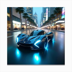 Futuristic Flying Car With Glowing Blue Lights, Zooming Through A Modern City 1 Canvas Print