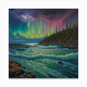 Auroral Whispers: Serene Seascape Under Celestial Ballet. wall art impressionist . AI. Canvas Print