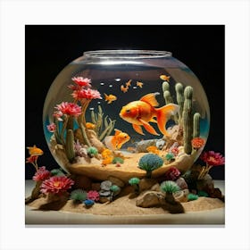 Elephant Sized Goldfish Swimming In A Giant Fishbowl Amidst A Surreal Desert Landscape Surrounded B Canvas Print