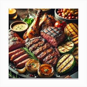 A Close Up Of A Plate Of Grilled Meats, Including Canvas Print