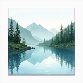 Peaceful Mountain Lake In Watercolor, With Reflections And Pine Trees Canvas Print