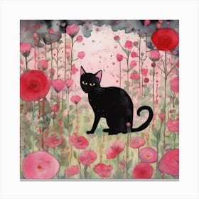 Black Cat In Poppies Canvas Print