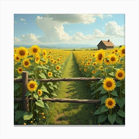 A Picturesque Scene Of A Field Of Wild Sunflowers With A Rustic Fence 1 Canvas Print