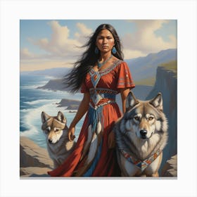 Native woman and wolves Canvas Print